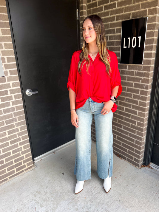 Red Satin Oversized Button Down