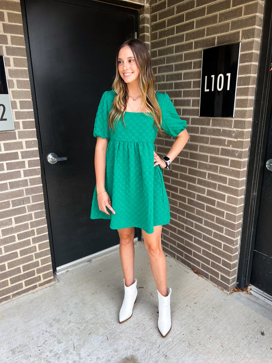 Checkered Textured Green Baby Doll Dress