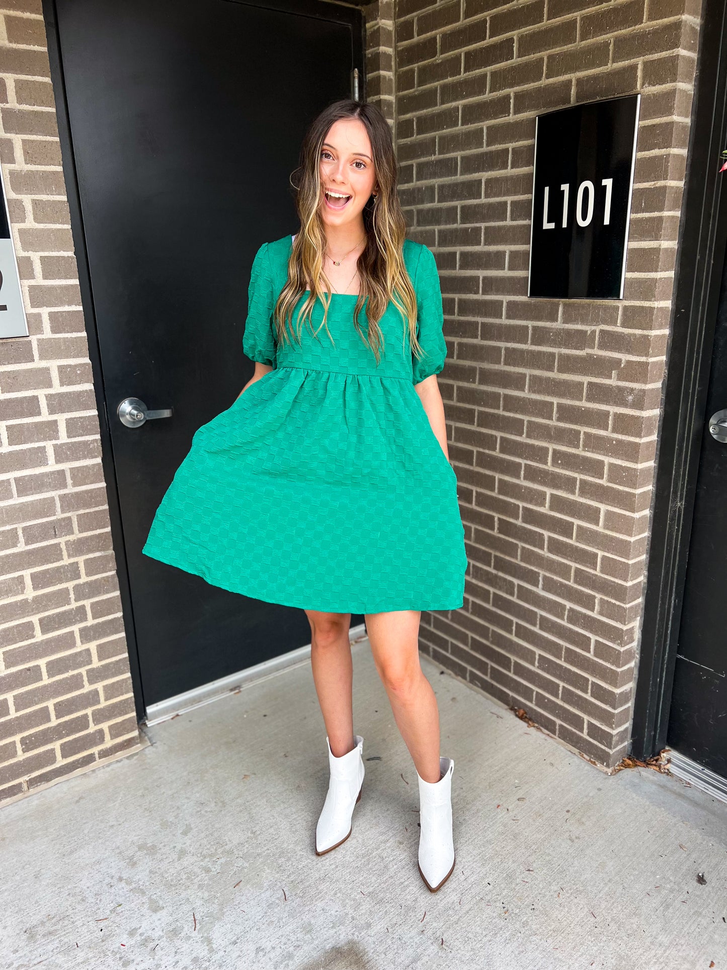 Checkered Textured Green Baby Doll Dress