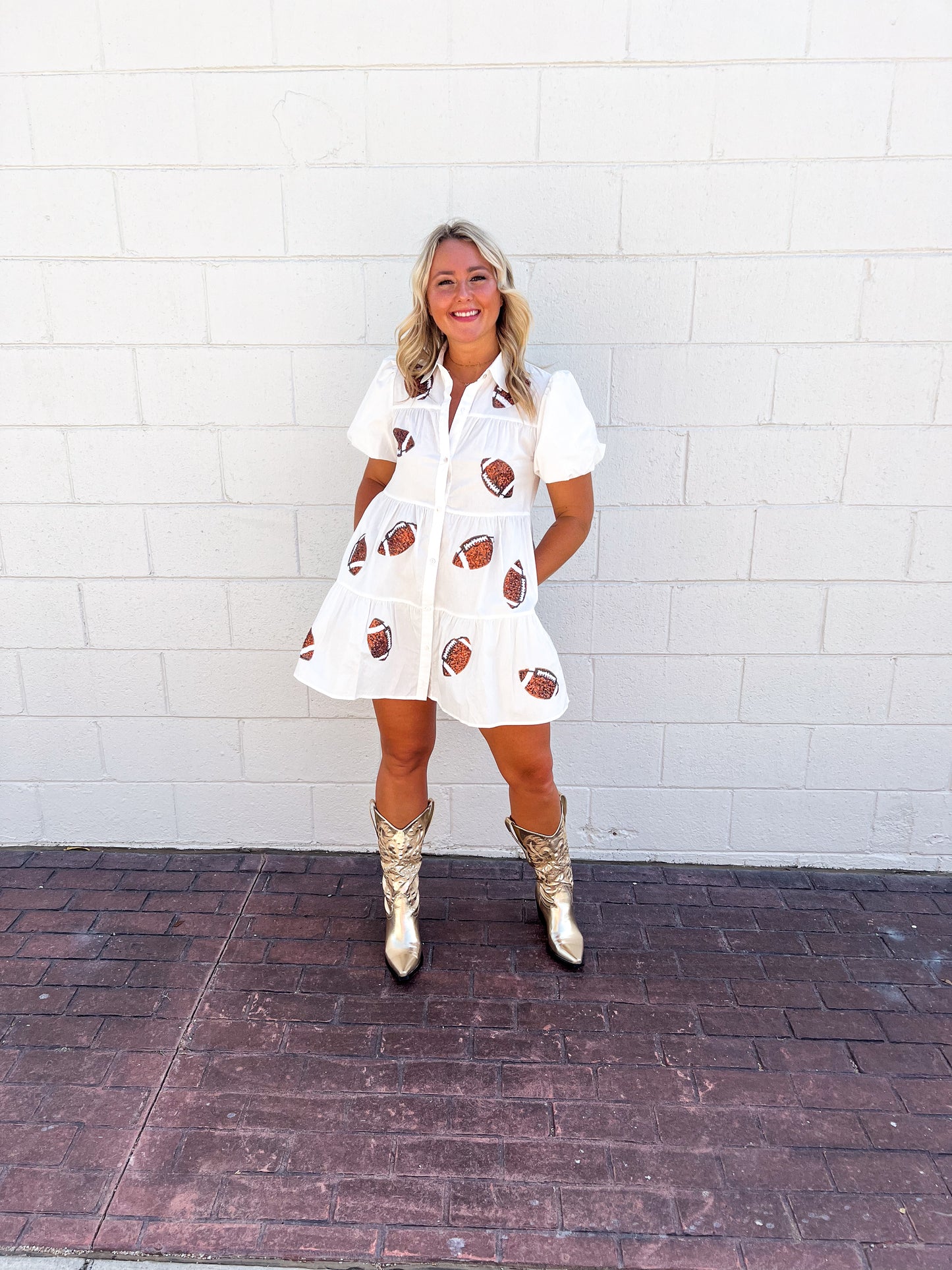 White Sequin Football Button Down Tiered Dress