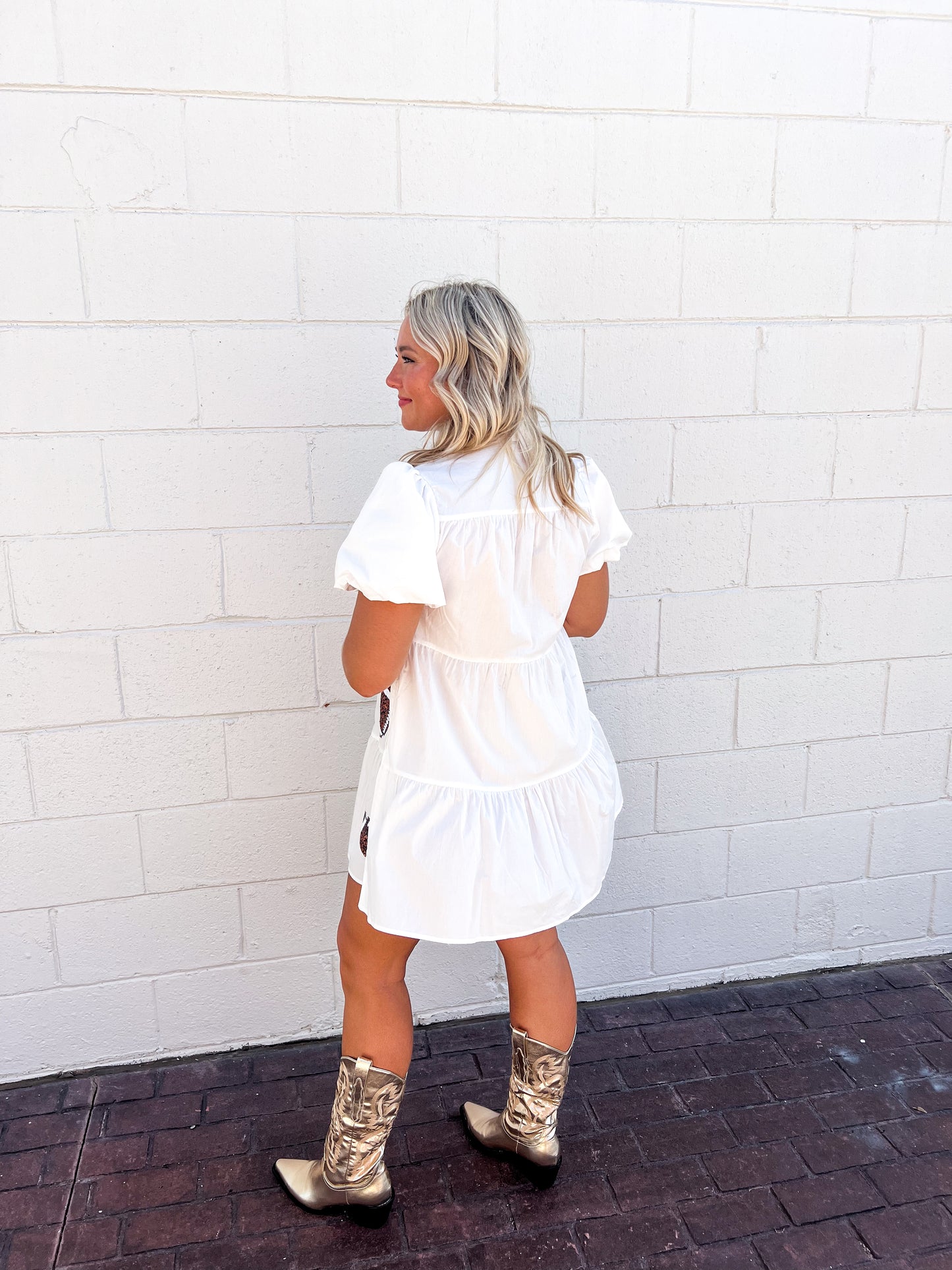White Sequin Football Button Down Tiered Dress