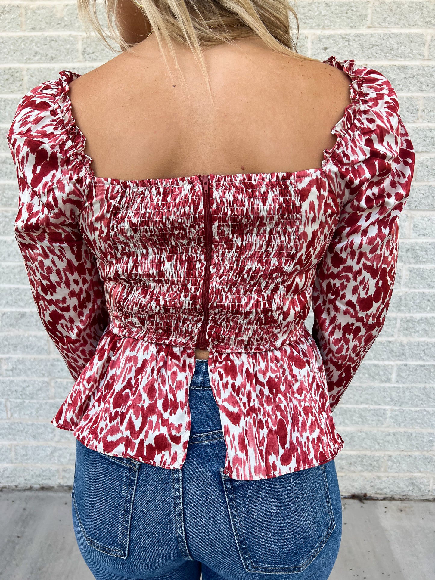 Red Abstract Print Square Neck Top